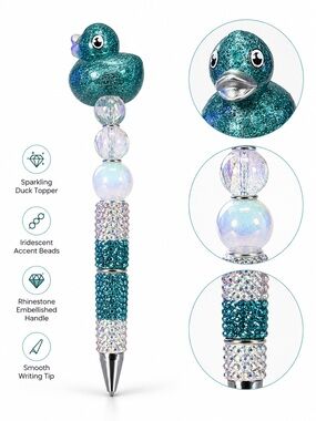 Hand Crafted Teal Glitter Duck Topper Crystal Ballpoint Pen
